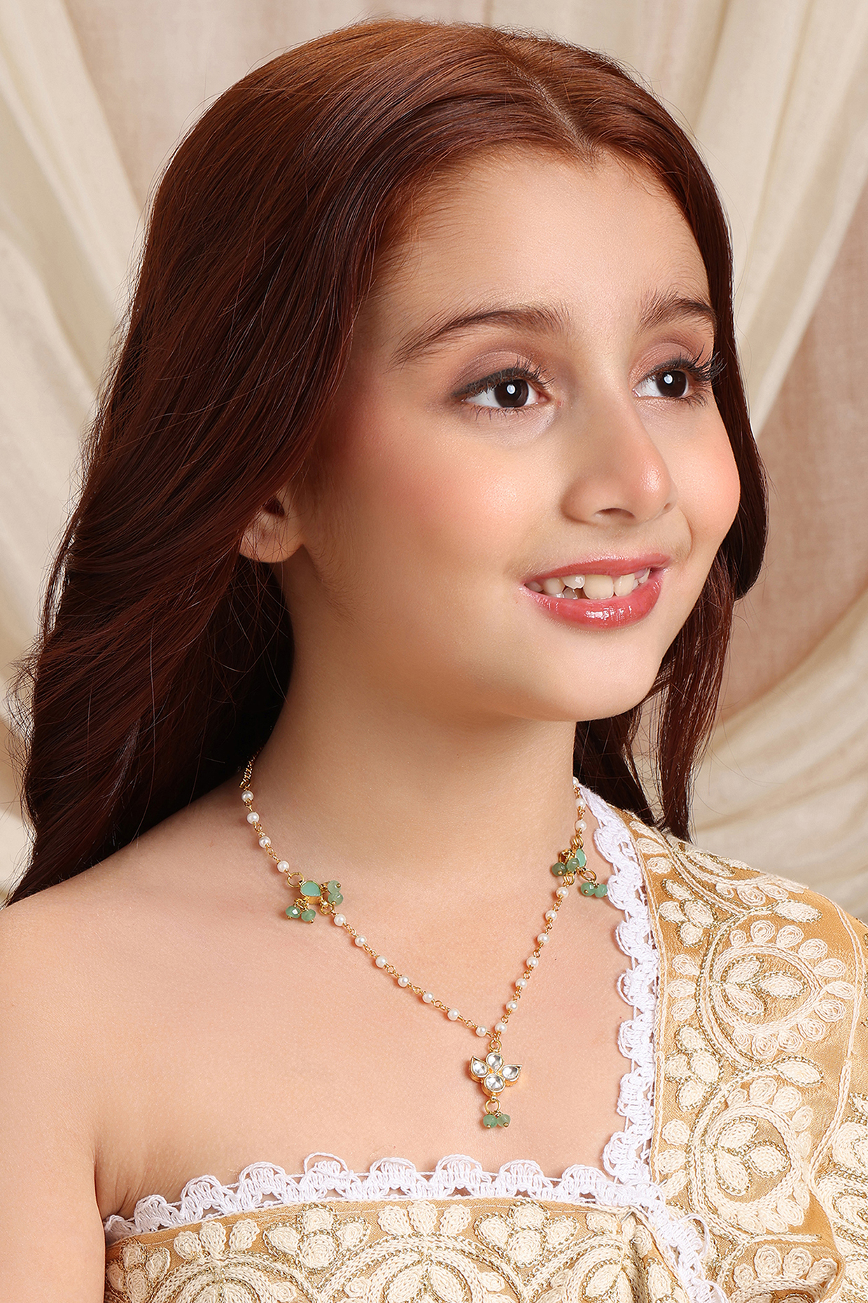 Gold Finish Mint Green Kundan Polki Necklace For Girls by Ruby Raang Kids at Pernia's Pop Up Shop