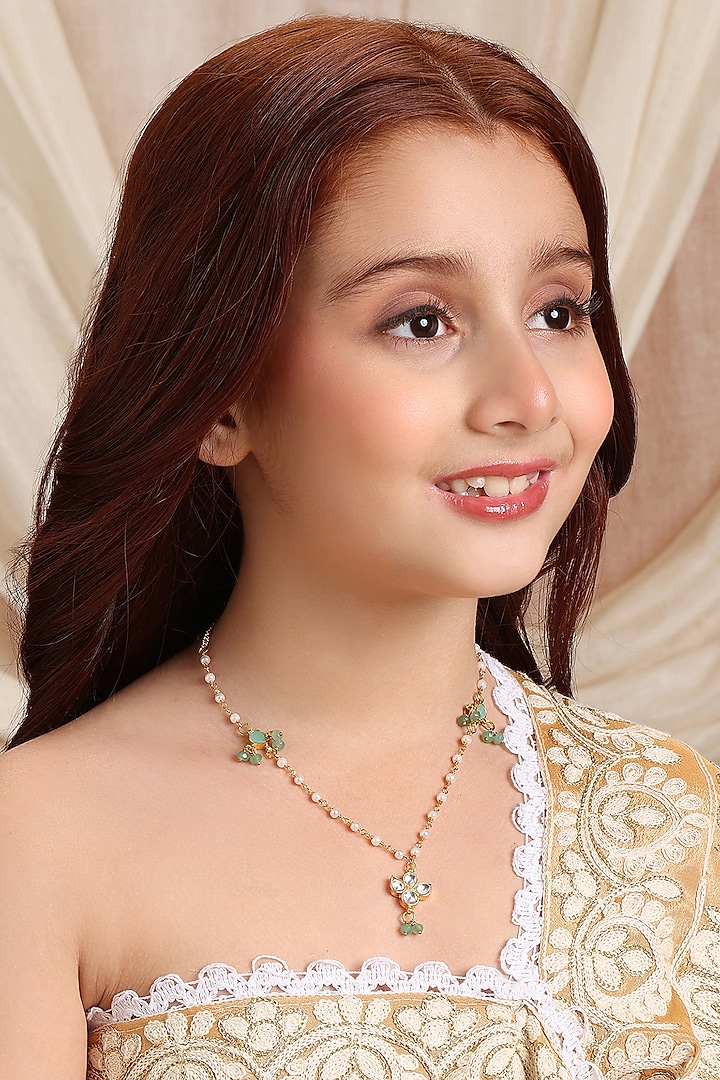Gold Finish Mint Green Kundan Polki Necklace For Girls by Ruby Raang Kids at Pernia's Pop Up Shop