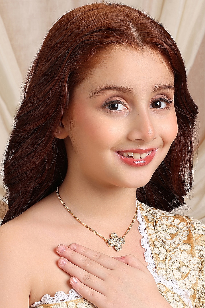 Gold Finish Kundan Polki Necklace For Girls by Ruby Raang Kids at Pernia's Pop Up Shop
