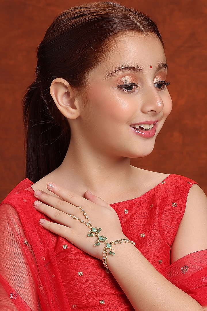 Gold Finish Kundan Polki Hand Harness For Girls by Ruby Raang Kids at Pernia's Pop Up Shop