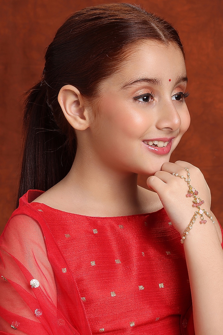 Gold Finish Kundan Polki Hand Harness For Girls by Ruby Raang Kids at Pernia's Pop Up Shop