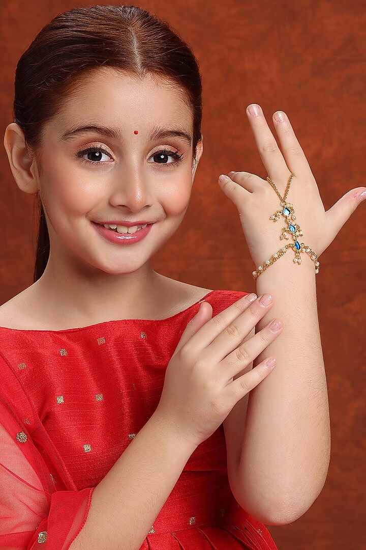 Gold Finish Kundan Polki Hand Harness For Girls by Ruby Raang Kids at Pernia's Pop Up Shop