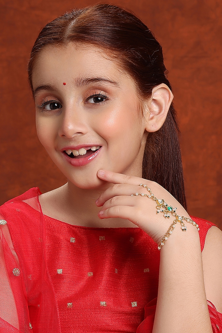 Gold Finish Kundan Polki Hand Harness For Girls by Ruby Raang Kids at Pernia's Pop Up Shop