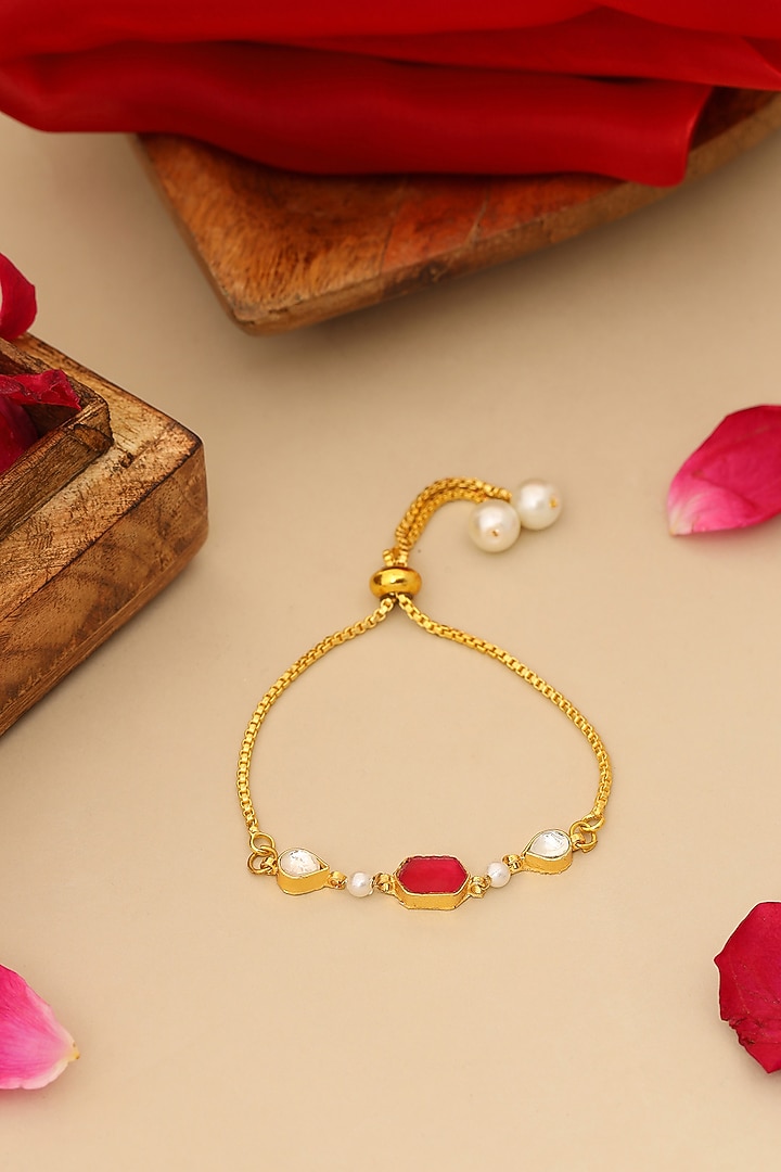 Gold Finish Kundan Polki Bracelet For Girls by Ruby Raang Kids at Pernia's Pop Up Shop