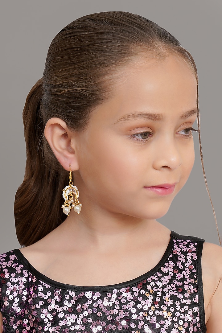 Gold Finish Kundan Polki & Pearl Earrings by Ruby Raang Kids at Pernia's Pop Up Shop