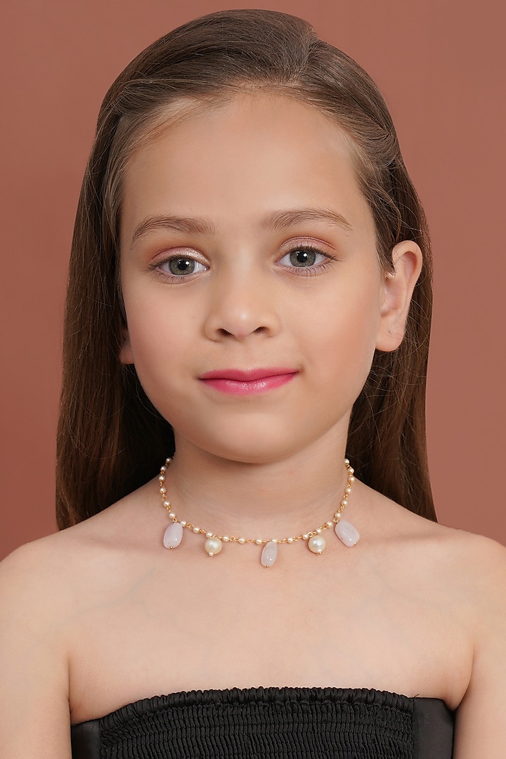 Gold Finish Stone & Pearl Necklace by Ruby Raang Kids