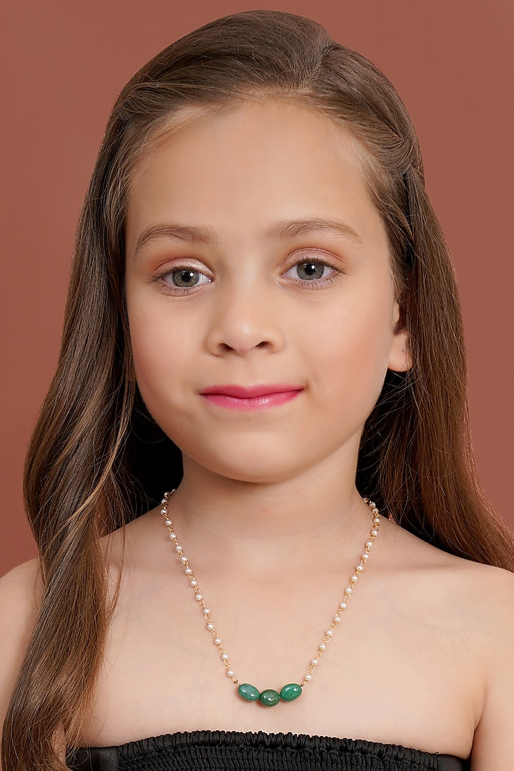 Gold Finish Green Stone Pearl Necklace by Ruby Raang Kids