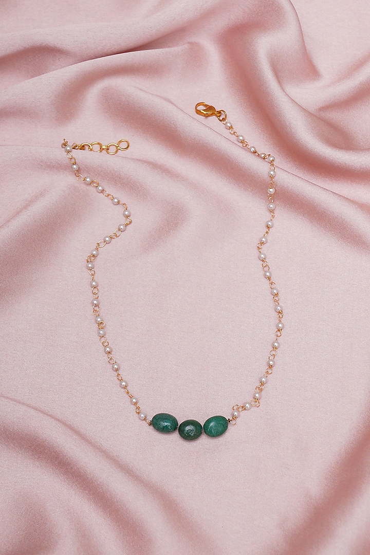 Gold Finish Green Stone Pearl Necklace by Ruby Raang Kids at Pernia's Pop Up Shop