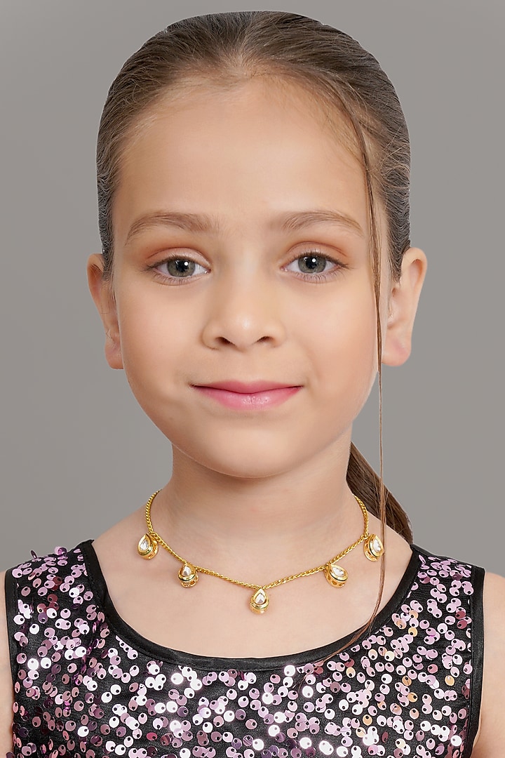 Gold Finish Kundan Polki & Pearl Necklace by Ruby Raang Kids