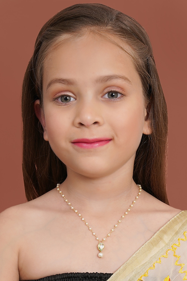 Gold Finish Kundan Polki & Pearl Necklace by Ruby Raang Kids