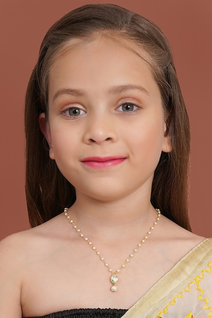 Gold Finish Kundan Polki & Pearl Necklace by Ruby Raang Kids at Pernia's Pop Up Shop