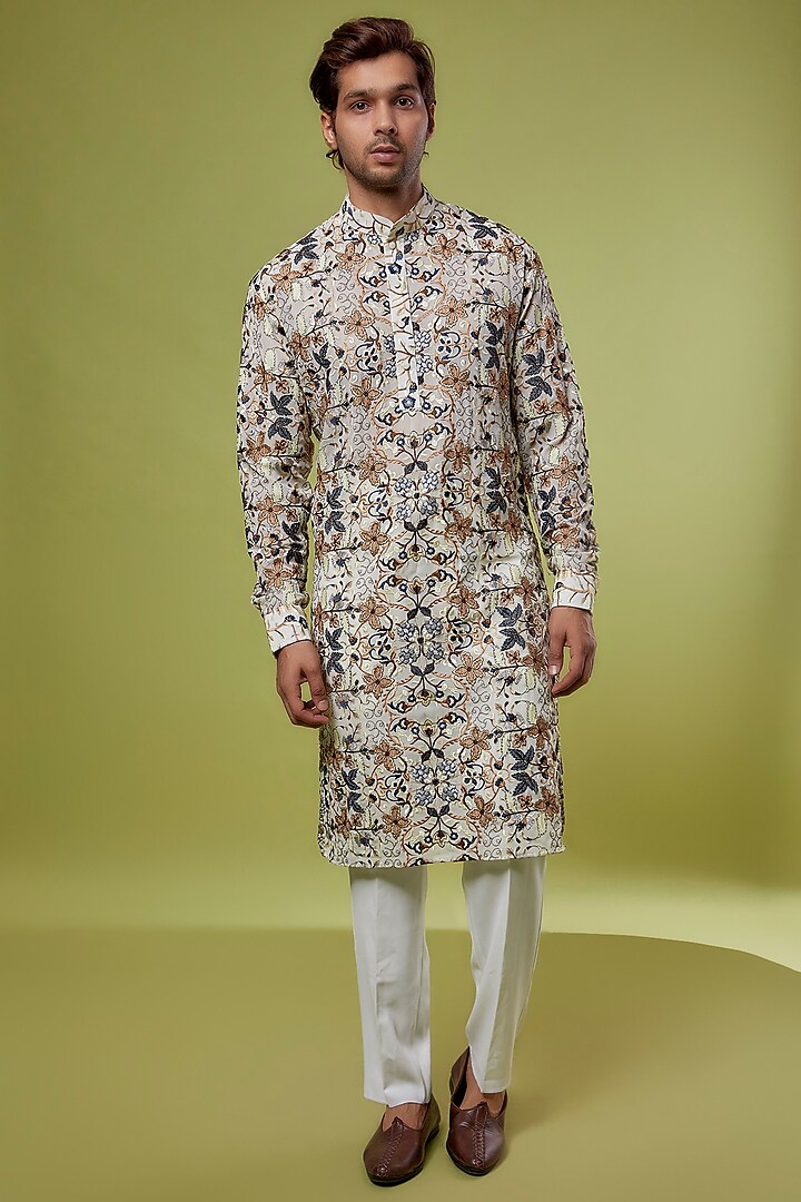 White Georgette Embroidered Kurta by Rabani & Rakha Men