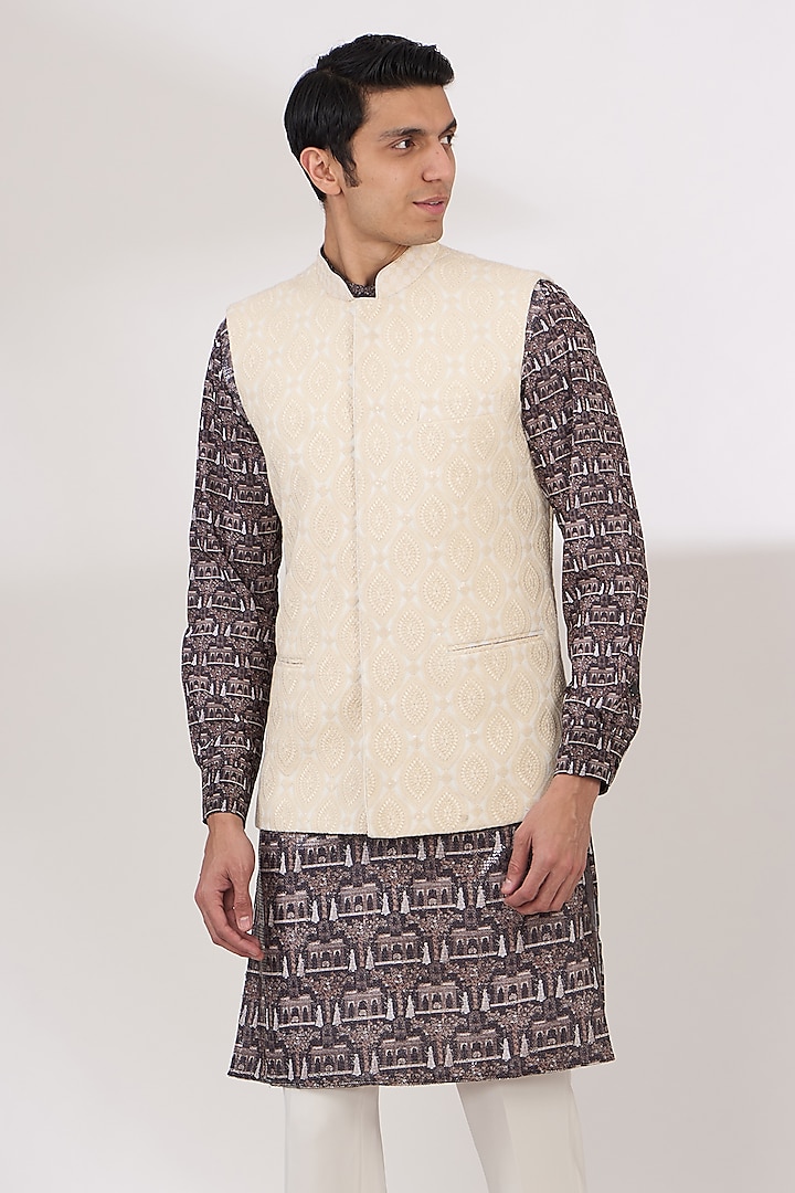 Ivory Georgette Sequins & Thread Work Bundi Jacket by Rabani & Rakha Men