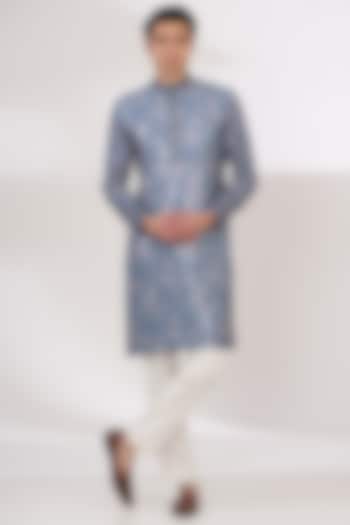 Teal Blue Sheeting & Georgette Sequins Embroidered Kurta Set by Rabani & Rakha Men at Pernia's Pop Up Shop
