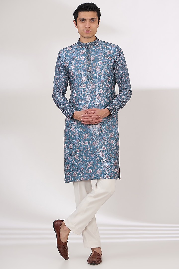 Teal Blue Sheeting & Georgette Sequins Embroidered Kurta Set by Rabani & Rakha Men at Pernia's Pop Up Shop