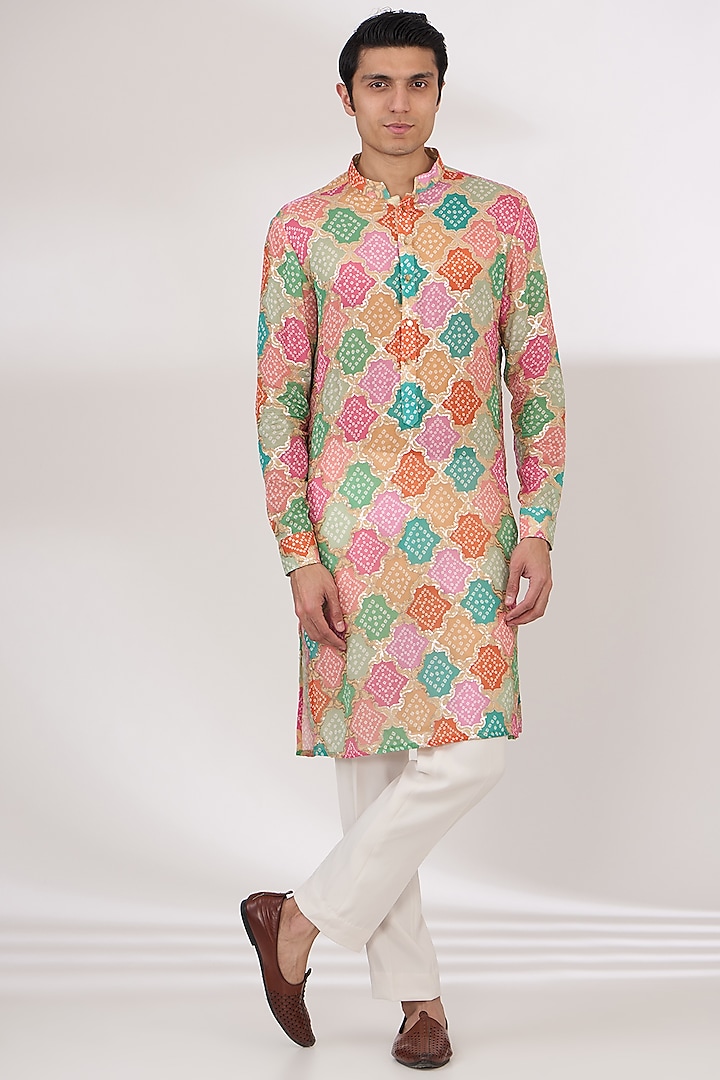 Multi-Colored Cotton Silk Sequins Embroidered Bandhani Kurta Set by Rabani & Rakha Men