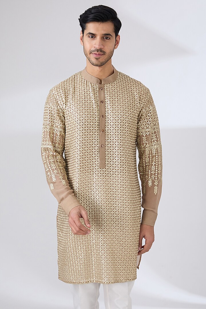 Gold Georgette Zari & Sequins Embroidered Kurta Set by Rabani & Rakha Men at Pernia's Pop Up Shop