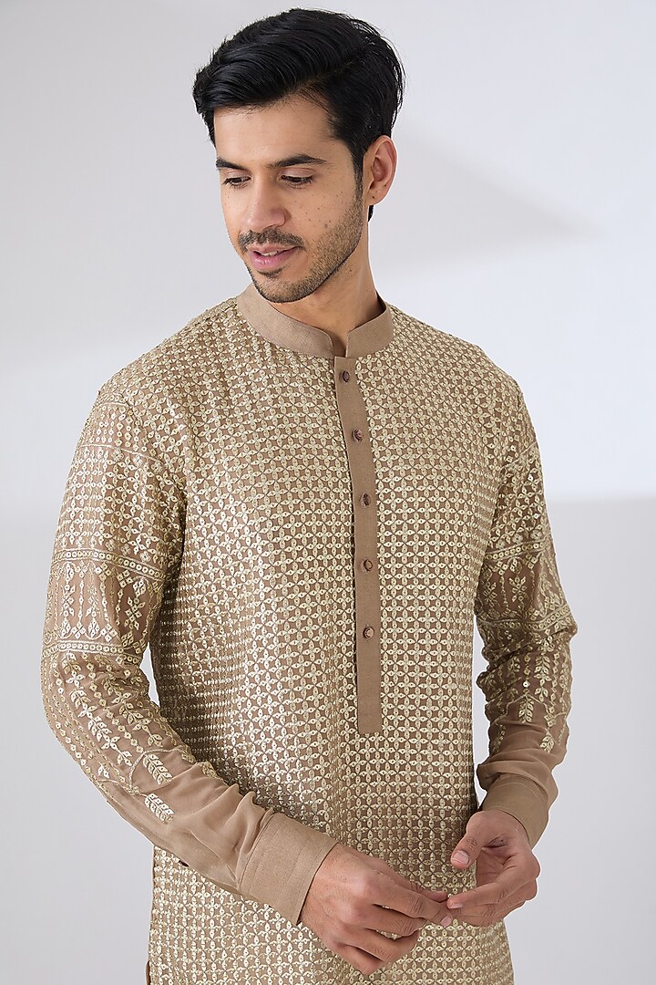 Gold Georgette Zari & Sequins Embroidered Kurta Set by Rabani & Rakha Men at Pernia's Pop Up Shop