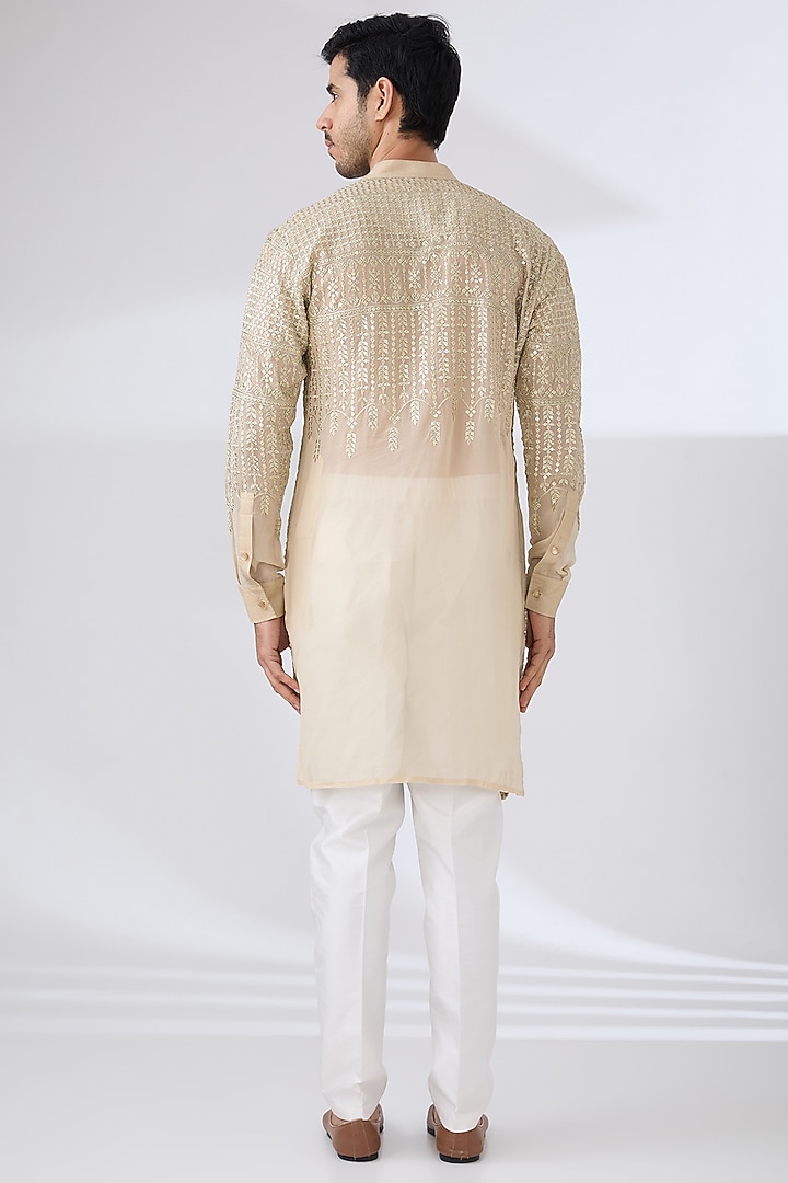 Beige Georgette Zari & Sequins Embroidered Kurta Set by Rabani & Rakha Men at Pernia's Pop Up Shop