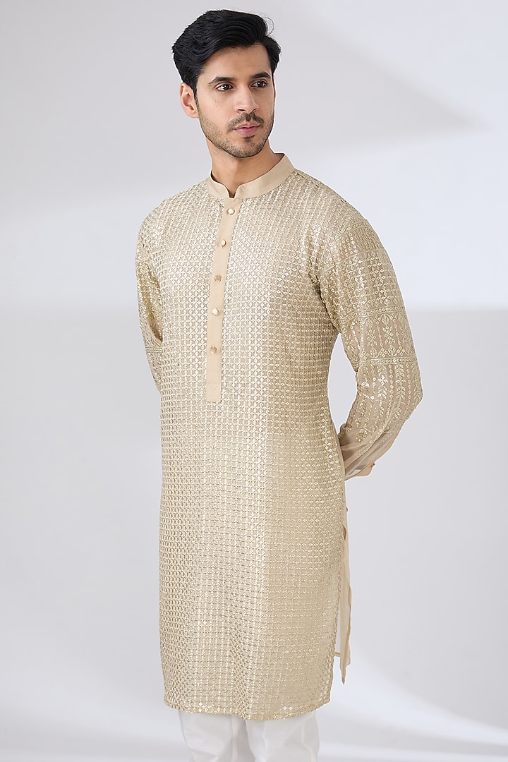 Beige Georgette Zari & Sequins Embroidered Kurta Set by Rabani & Rakha Men at Pernia's Pop Up Shop