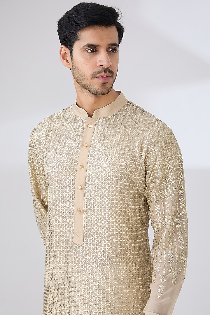 Beige Georgette Zari & Sequins Embroidered Kurta Set by Rabani & Rakha Men at Pernia's Pop Up Shop