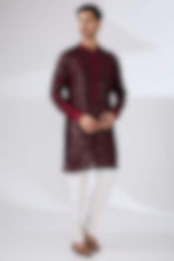 Blood Red Georgette Thread & Sequins Embroidered Kurta Set by Rabani & Rakha Men