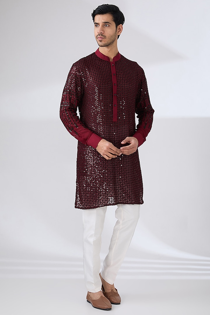 Blood Red Georgette Thread & Sequins Embroidered Kurta Set by Rabani & Rakha Men