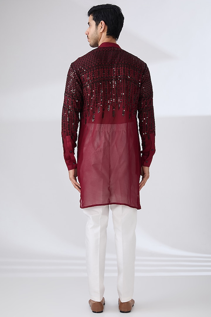 Blood Red Georgette Thread & Sequins Embroidered Kurta Set by Rabani & Rakha Men at Pernia's Pop Up Shop