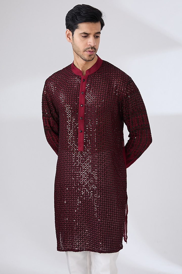 Blood Red Georgette Thread & Sequins Embroidered Kurta Set by Rabani & Rakha Men at Pernia's Pop Up Shop