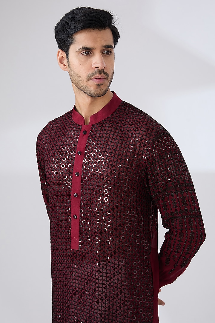 Blood Red Georgette Thread & Sequins Embroidered Kurta Set by Rabani & Rakha Men at Pernia's Pop Up Shop