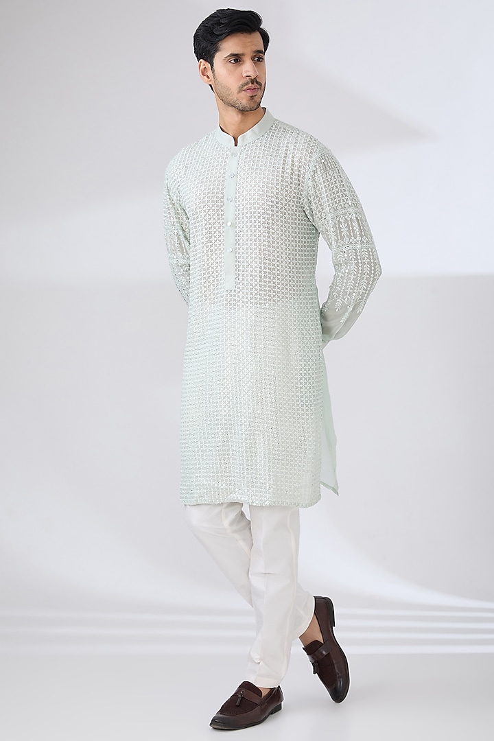 Sage Green Georgette Thread & Sequins Embroidered Kurta Set by Rabani & Rakha Men