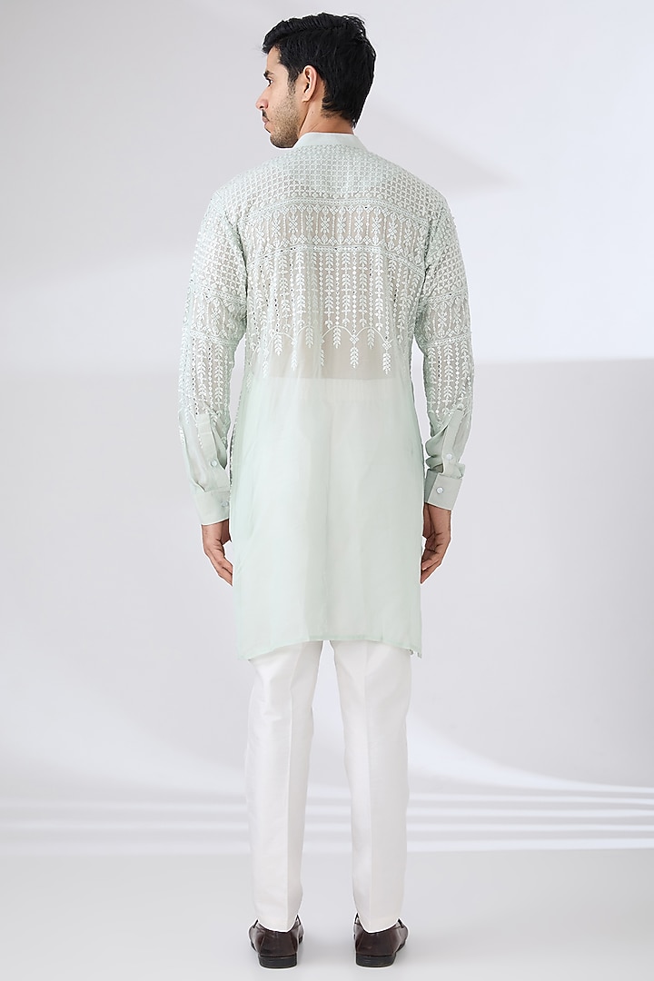 Sage Green Georgette Thread & Sequins Embroidered Kurta Set by Rabani & Rakha Men at Pernia's Pop Up Shop