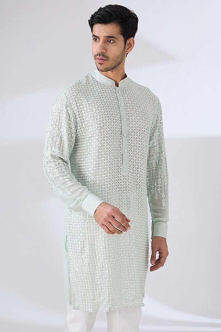 Sage Green Georgette Thread & Sequins Embroidered Kurta Set by Rabani & Rakha Men at Pernia's Pop Up Shop