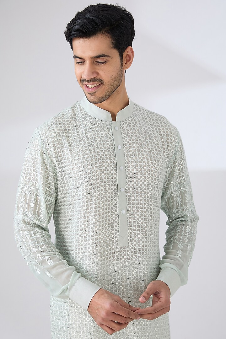 Sage Green Georgette Thread & Sequins Embroidered Kurta Set by Rabani & Rakha Men at Pernia's Pop Up Shop