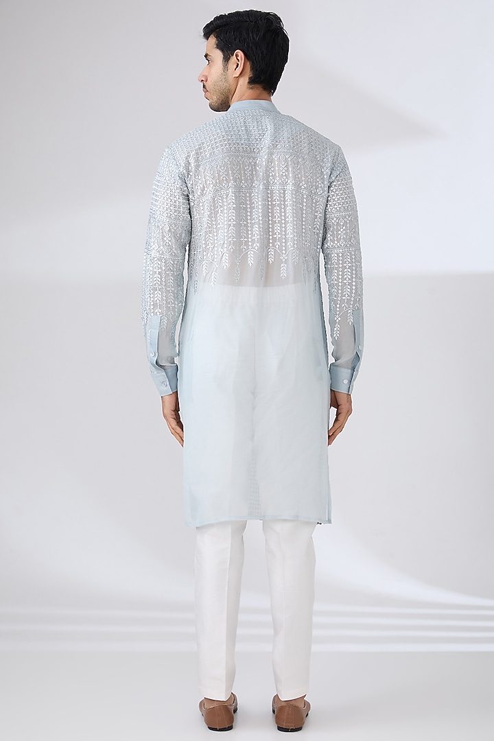 Grey Georgette Zari & Sequins Embroidered Kurta Set by Rabani & Rakha Men at Pernia's Pop Up Shop