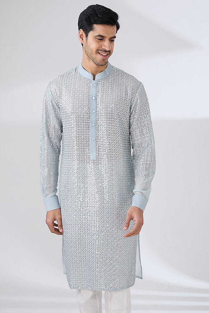 Grey Georgette Zari & Sequins Embroidered Kurta Set by Rabani & Rakha Men at Pernia's Pop Up Shop