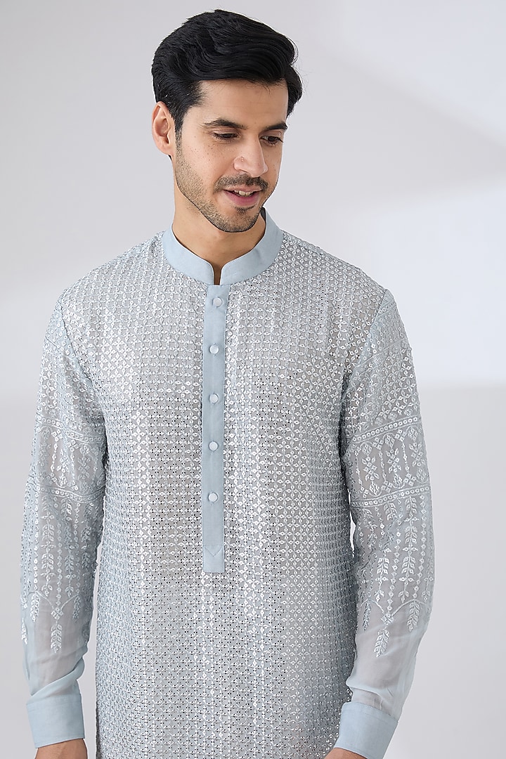 Grey Georgette Zari & Sequins Embroidered Kurta Set by Rabani & Rakha Men at Pernia's Pop Up Shop