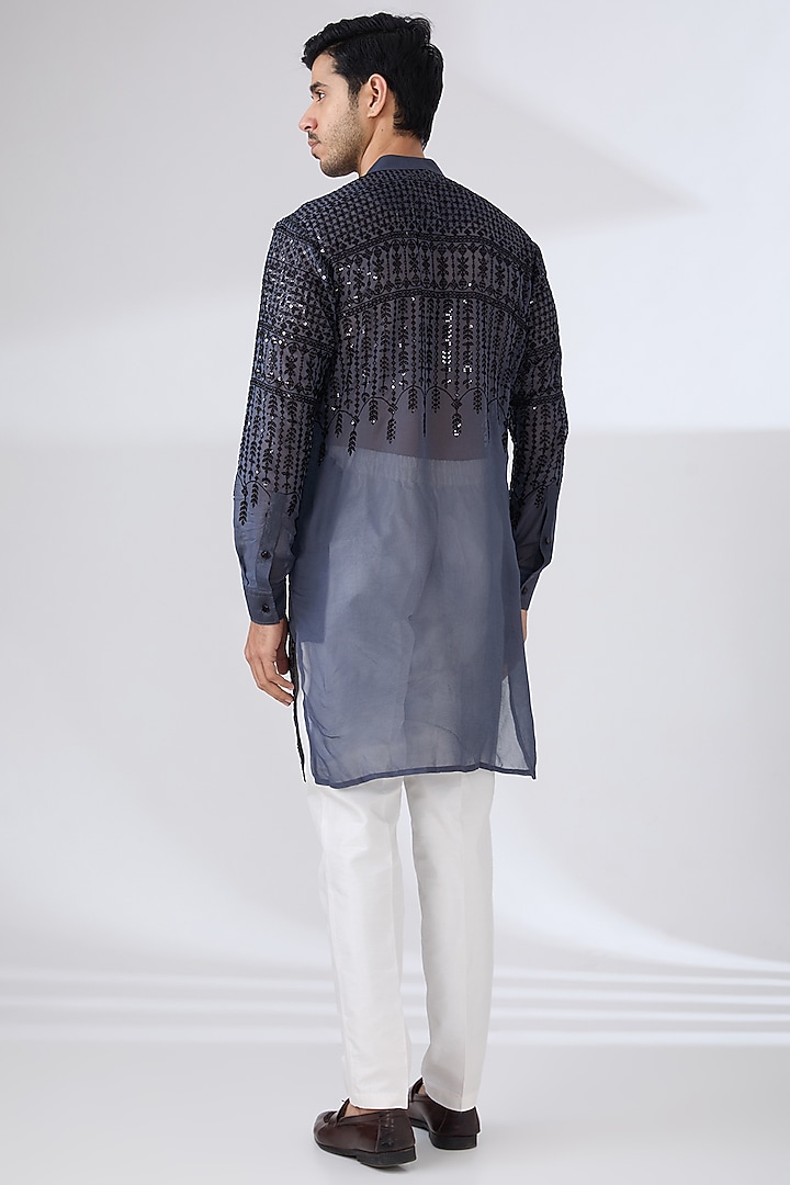 Charcoal Grey Georgette Zari & Sequins Embroidered Kurta Set by Rabani & Rakha Men at Pernia's Pop Up Shop