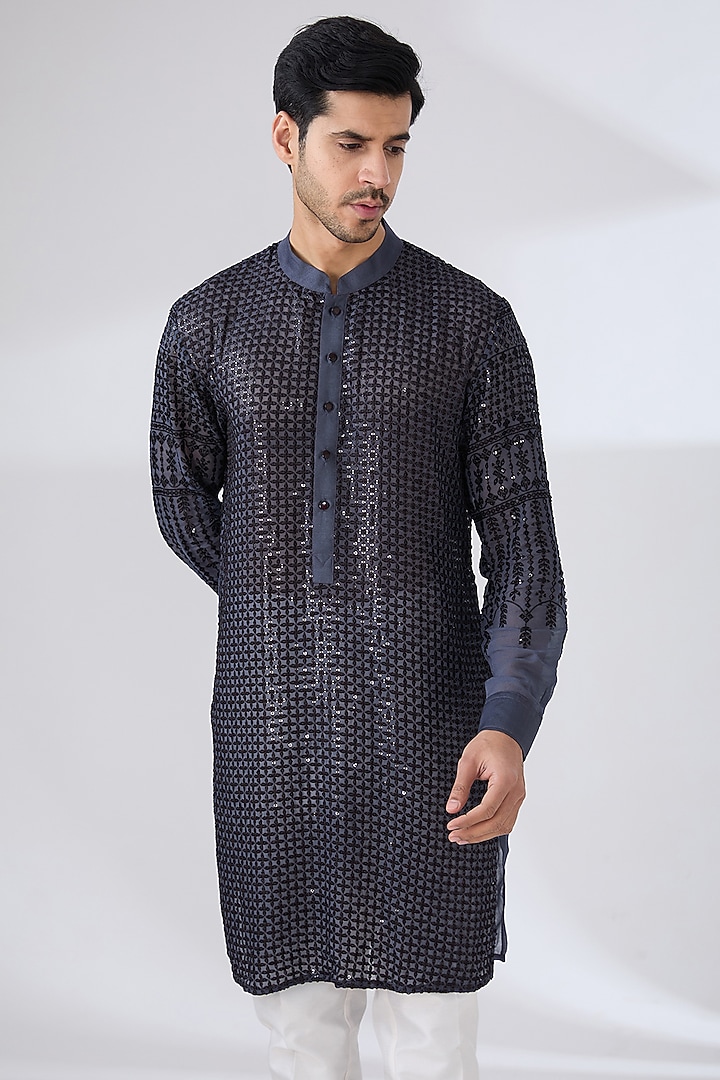Charcoal Grey Georgette Zari & Sequins Embroidered Kurta Set by Rabani & Rakha Men at Pernia's Pop Up Shop