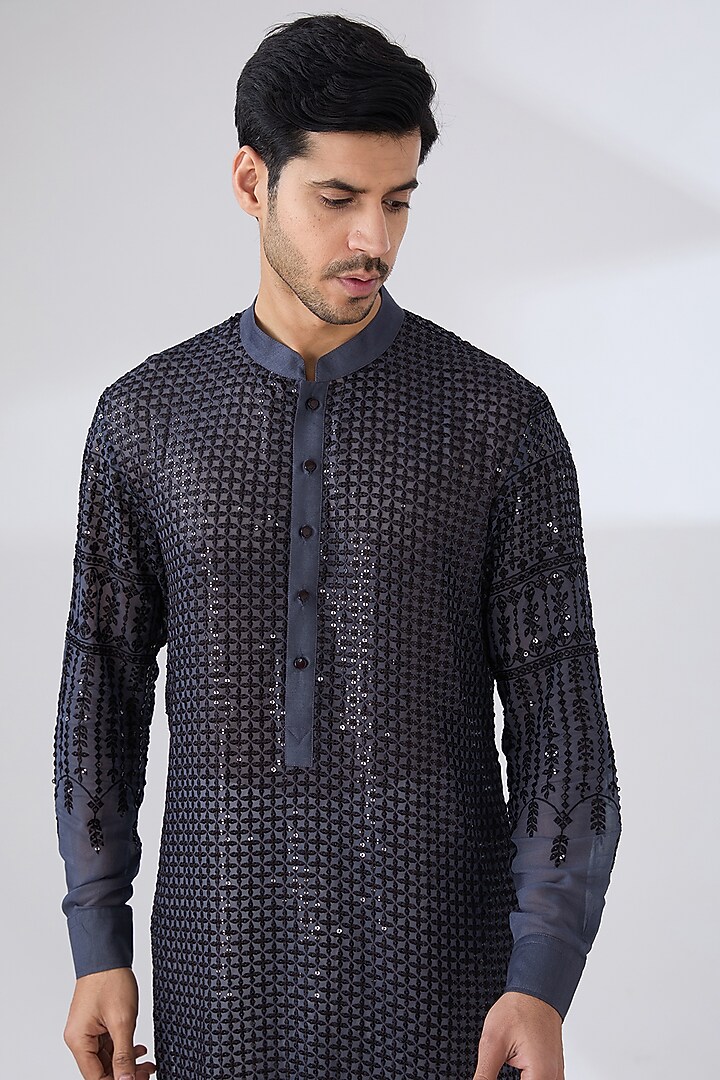 Charcoal Grey Georgette Zari & Sequins Embroidered Kurta Set by Rabani & Rakha Men at Pernia's Pop Up Shop