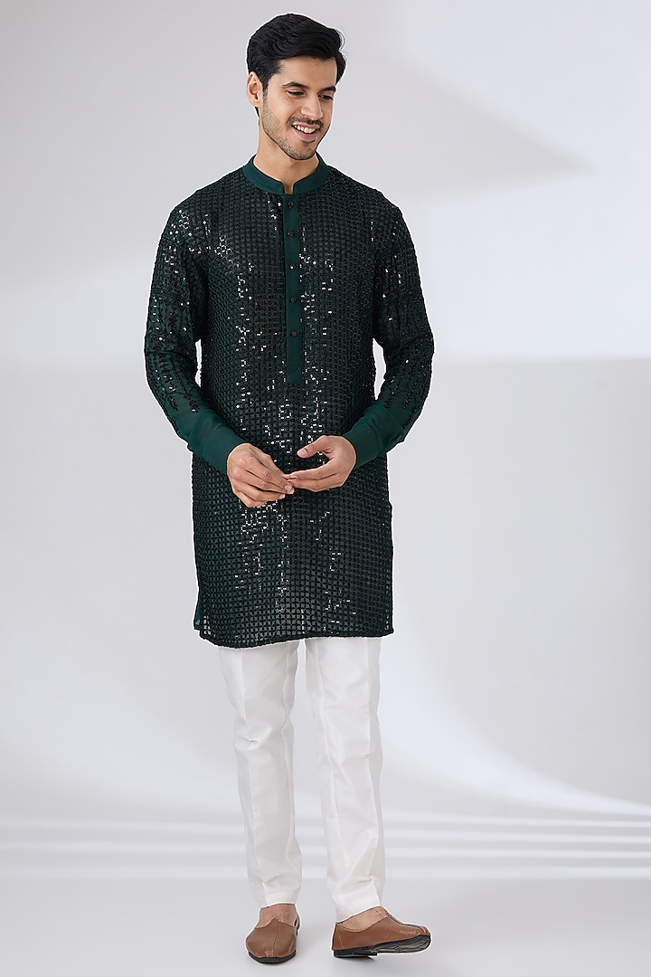 Dark Green Georgette Thread & Sequins Embroidered Kurta Set by Rabani & Rakha Men