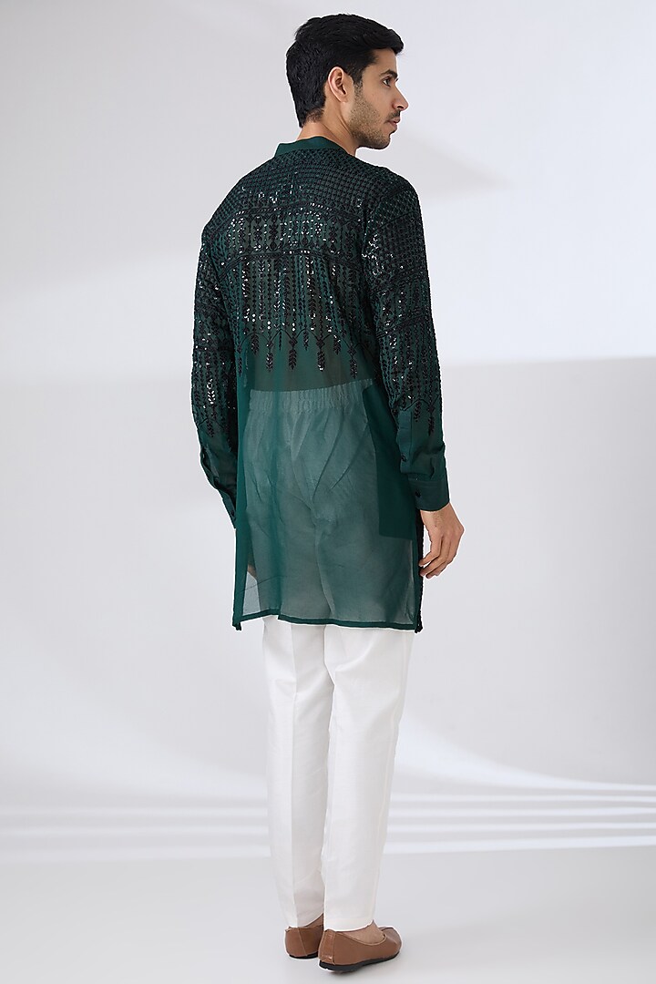 Dark Green Georgette Thread & Sequins Embroidered Kurta Set by Rabani & Rakha Men at Pernia's Pop Up Shop