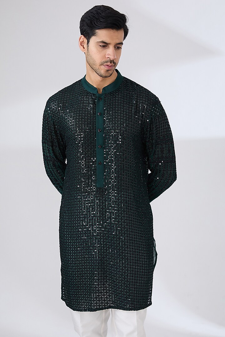 Dark Green Georgette Thread & Sequins Embroidered Kurta Set by Rabani & Rakha Men at Pernia's Pop Up Shop