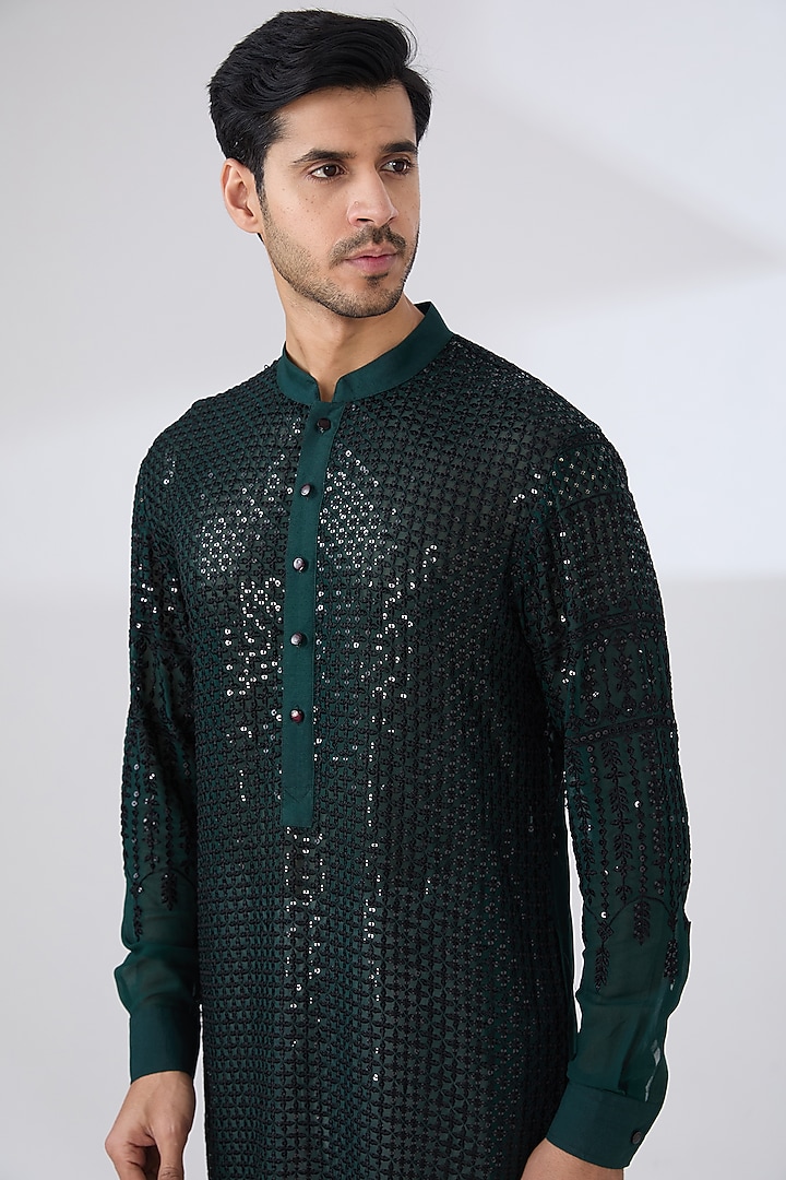 Dark Green Georgette Thread & Sequins Embroidered Kurta Set by Rabani & Rakha Men at Pernia's Pop Up Shop