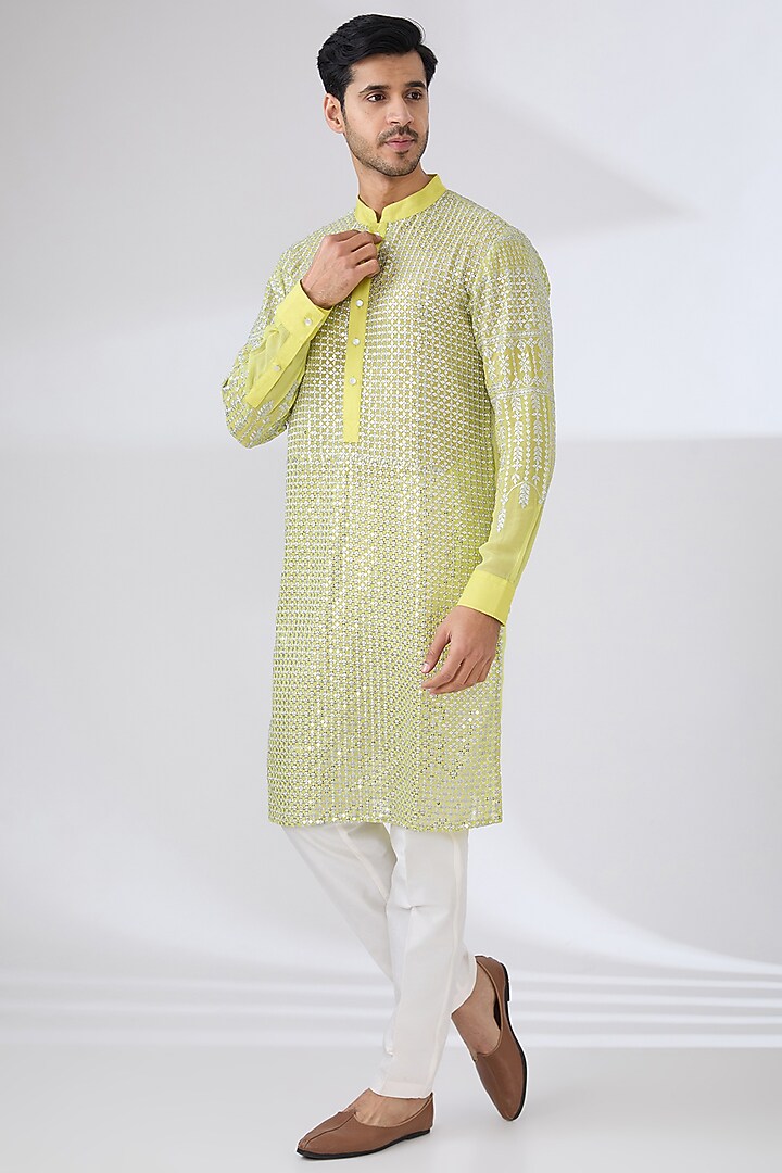 Neon Yellow Georgette Zari & Sequins Embroidered Kurta Set by Rabani & Rakha Men at Pernia's Pop Up Shop