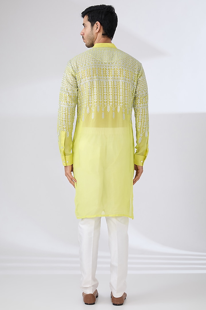 Neon Yellow Georgette Zari & Sequins Embroidered Kurta Set by Rabani & Rakha Men at Pernia's Pop Up Shop