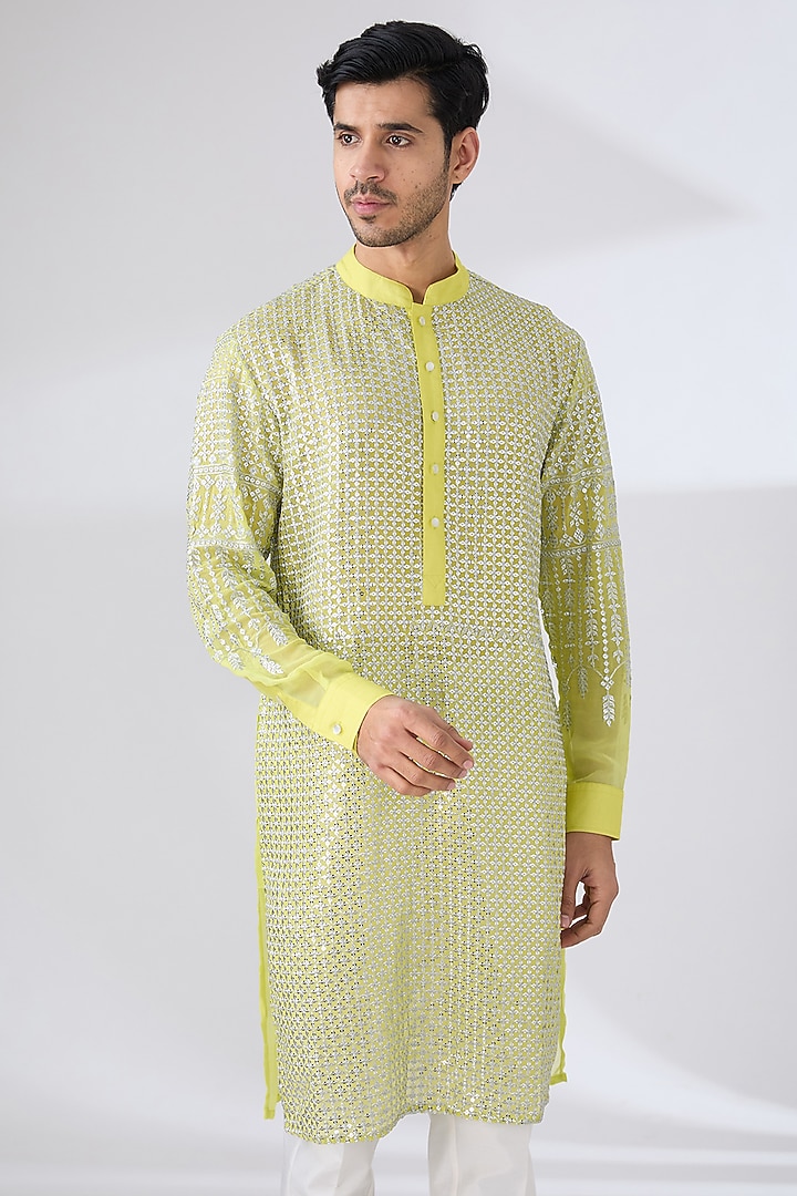 Neon Yellow Georgette Zari & Sequins Embroidered Kurta Set by Rabani & Rakha Men at Pernia's Pop Up Shop