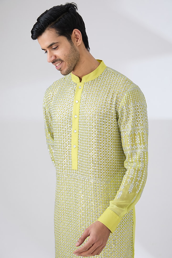 Neon Yellow Georgette Zari & Sequins Embroidered Kurta Set by Rabani & Rakha Men at Pernia's Pop Up Shop