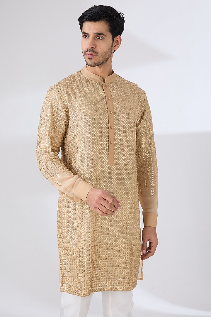 Gold Georgette Zari & Sequins Embroidered Kurta Set by Rabani & Rakha Men at Pernia's Pop Up Shop