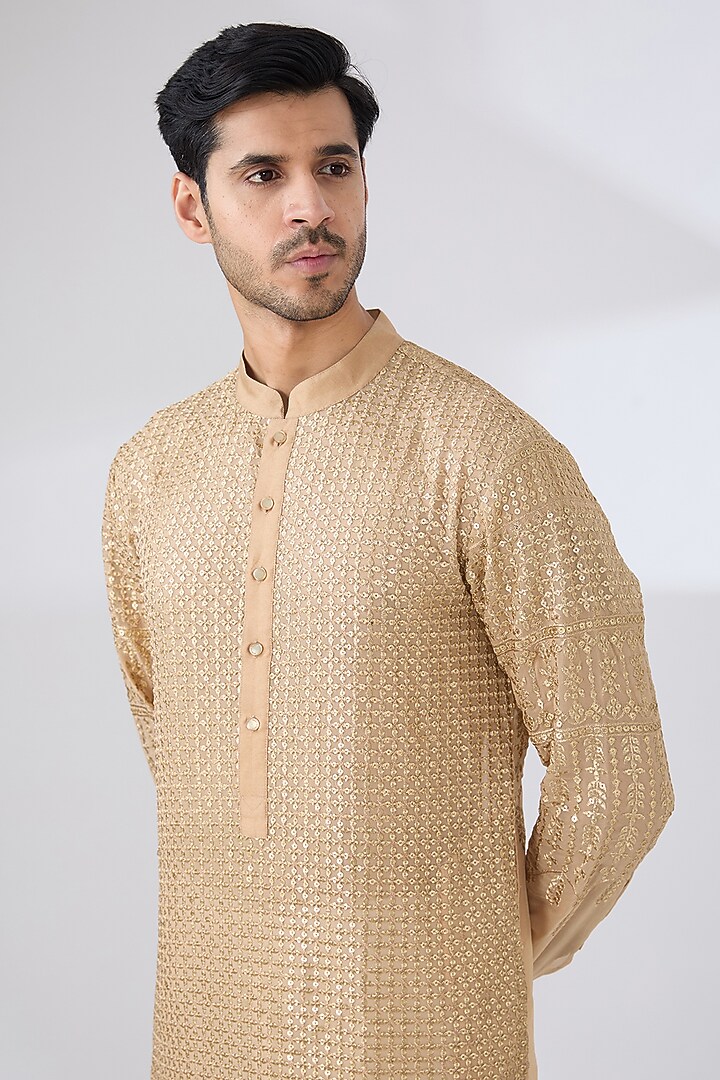 Gold Georgette Zari & Sequins Embroidered Kurta Set by Rabani & Rakha Men at Pernia's Pop Up Shop